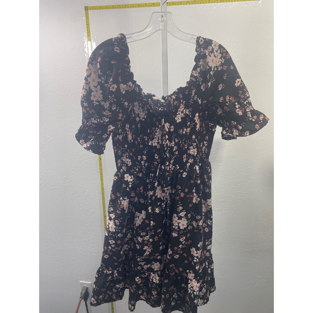 Blush Floral Smocked Mini Dress Plus Size 1X Black Pink Cottagecore Puff Sleeve
